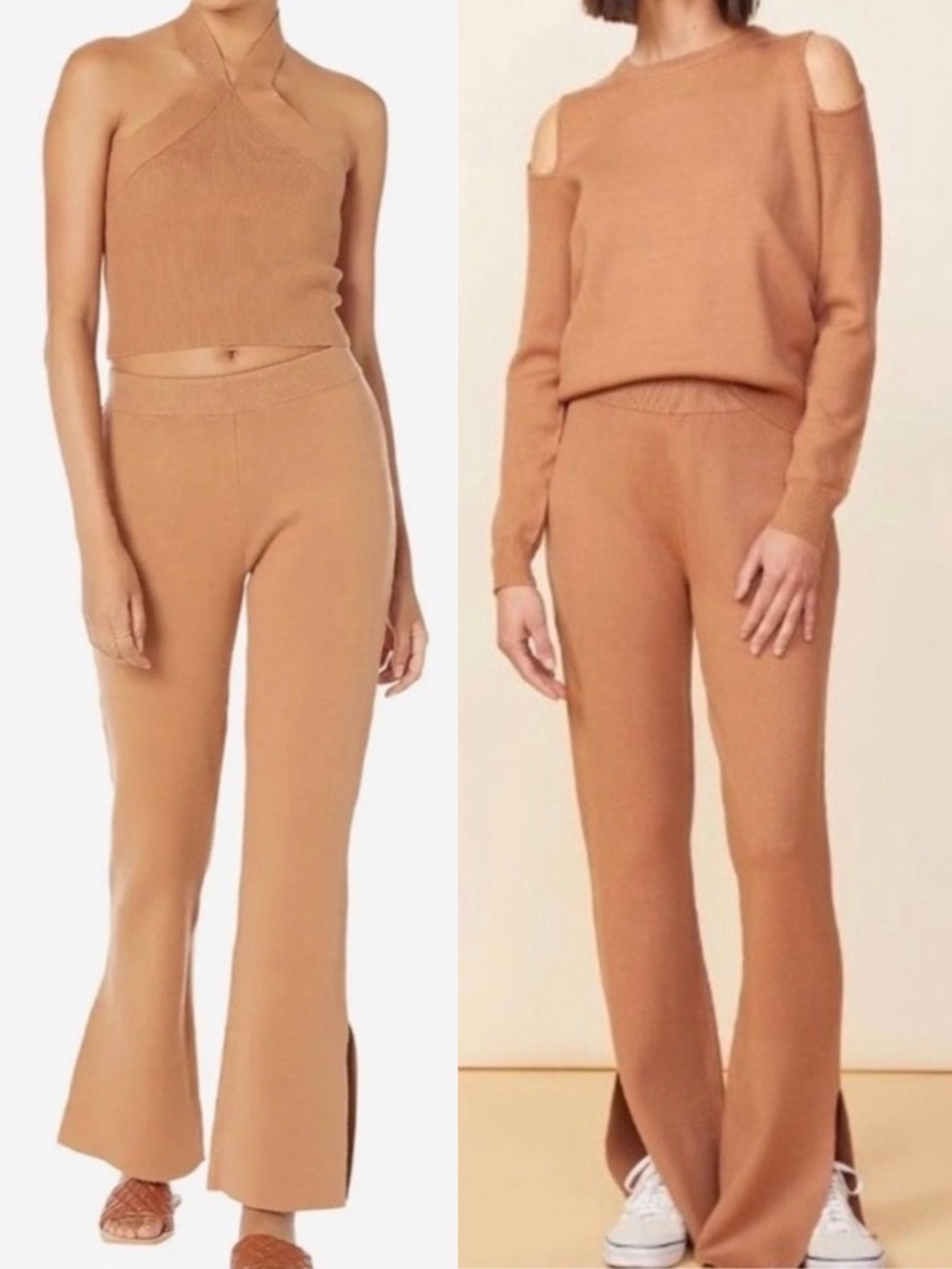 Monrow Waffle Knit Lounge Set Cropped Sweater & Mid-Rise Pants Side Split